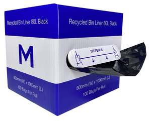 Rubbish Bags: DB Recycled Bin Liner 80L - Black, 800mm x 1000mm x 35mu (100) Per Box
