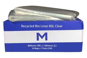 FP Recycled Bin Liner 80L - Clear, 800mm x 1000mm x 25mu (350) Per Box