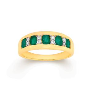 Coloured Stone Rings: Emerald & diamond band 9ct gold