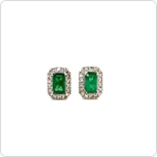 Coloured Stone Earrings: Emerald cut Emerald Earrings with a Diamond Halo