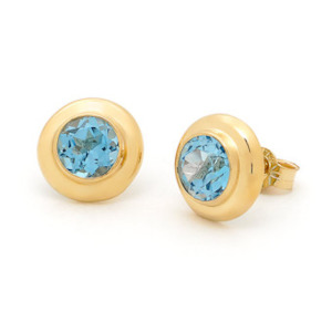 Coloured Stone Earrings: Round Blue Topaz Earrings - Bezel Set - 9ct YG