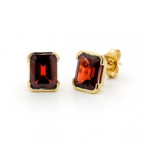 Emerald Cut Garnet Earrings - 9ct YG