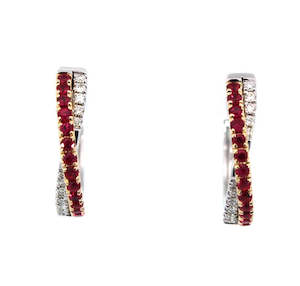 Coloured Stone Earrings: Cross Over Ruby & Diamond Hoops