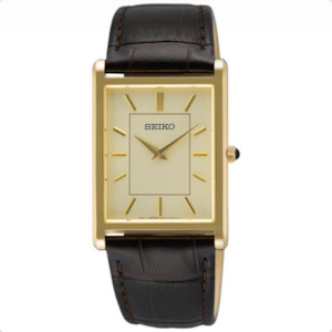 Seiko Classic Gold Rectangular Watch with Brown Leather Strap
