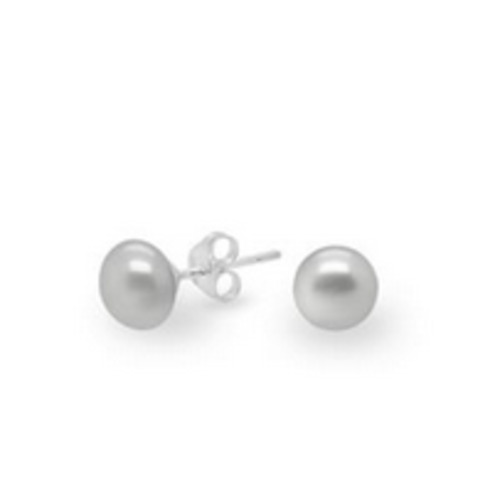 Pearls: Silver Button Freshwater Pearl Stud Earrings - Sterling Silver 8–9mm