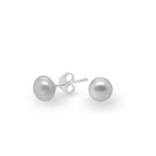 Silver Button Freshwater Pearl Stud Earrings - Sterling Silver 7mm
