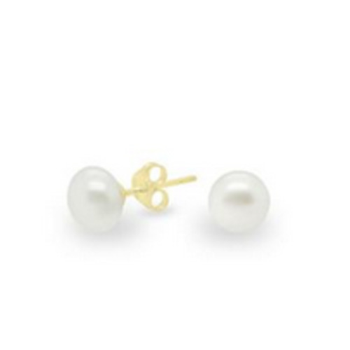 White Button Freshwater Pearl Stud Earrings - 9ct Yellow Gold 9mm