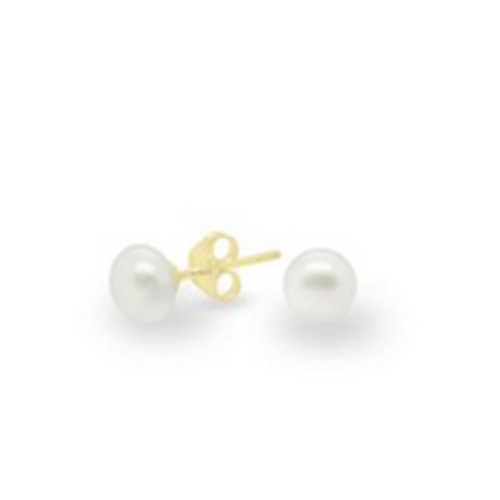 White Button Freshwater Pearl Stud Earrings - 9ct Yellow Gold 6mm