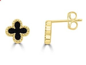Gold Earrings: 9K Yellow Gold Black Onyx Clover Studs