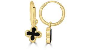Gold Earrings: Black Onyx Clover Huggie - 9k YG