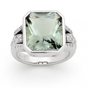 Octagonal Green Amethyst Ring - 9ct White Gold with Diamonds