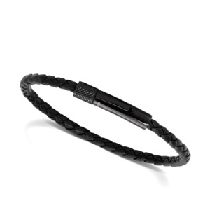 Rochet: Driver: 28mm Steel Bracelet with 3.5mm Braided Leather Strap - Black - 20.5cm