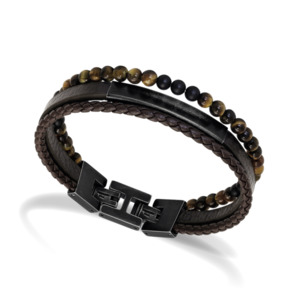 Rochet: Yale - Steel Polished Bracelet - Brown Flat Leather Strap with Tigers Eye
