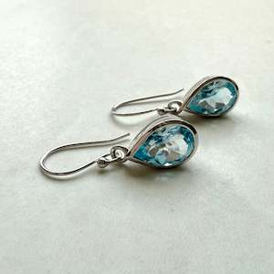 Sterling Silver Fancy Pear Cut Blue Topaz Drop Earrings