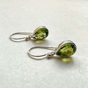 Sterling Silver Fancy Pear Cut Green Peridot Drop Earrings