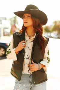 Olive Quilted Leather Bootstitch Crop Vest