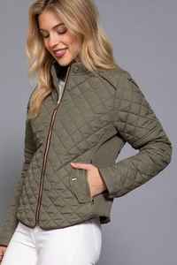 Casual Clothing: Quilted Jacket with Suede piping - Olive Green