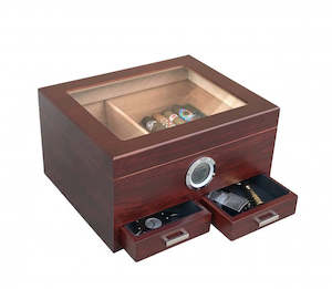 Chalet Glass Top II desktop humidor with Storage drawers in Cherry wood finish (&hellip;