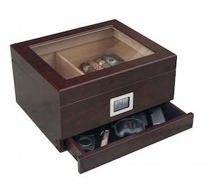 Humidor Upsell: Chalet Glass Top desktop humidor with Storage drawer in Cherry wood finish (~25-50 count)