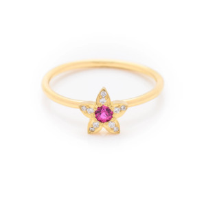 Products: Hot pink sapphire and diamond yellow gold ring