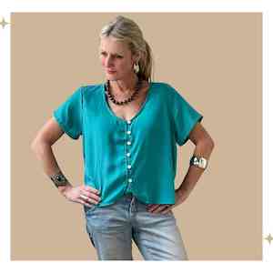 Tops: SALMA Button Blouse - Aqua Satin Sheen
