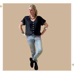 Tops: SALMA Button Blouse - Black Satin Sheen