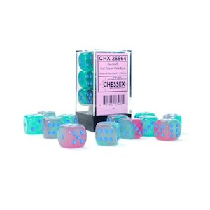 Dice: Chessex - 16mm D6 (12 Dice) Gemini Gel Green - Pink/Blue