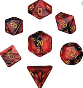 Dice: Mini Polyhedral Dice Set: Red/Black w/Gold Numbers