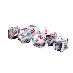 Dice: 16mm Acrylic Poly Dice Set Marble w/ Red Numbers
