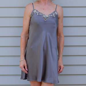 Silk Chemise: Silk Lace Chemise Slip - Gunmetal