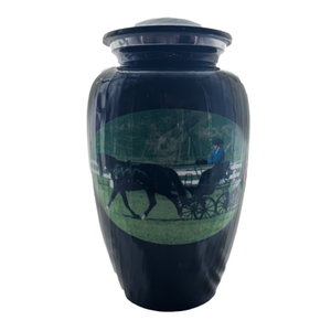 Products: Ceramic Adult Urn, Black, Custom Decal Applied - Carried Away Coffins New Zealand
