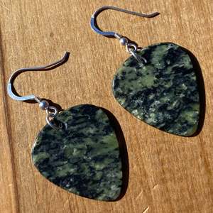 Douglas Creek Pounamu and Silver Guitar Pick Earrings
