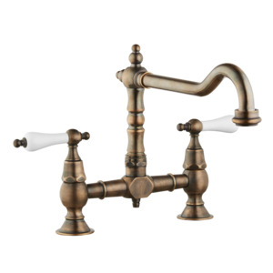 Brunel - Old English Bridge Kitchen Sink Mixer - Porcelain Levers