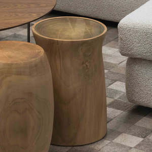 ROUND TEAK SIDE TABLE WITH GLASS