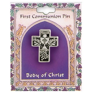 Badge: Communion Lapel Pin – Silver Cross with Chalice Family Life Catholic Gifts