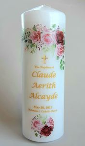 Personalised Candles – Roses (Baptism), Gold Font Family Life Catholic Gifts