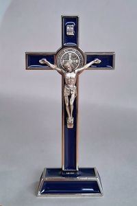Italian Metal Standing Crucifix – St Benedict (14cm) Family Life Catholic Gifts