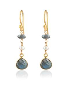 Aquamarine March: Labradorite & Pearl Gold Earrings