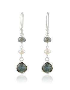 Aquamarine March: Labradorite & Pearl Silver Earrings