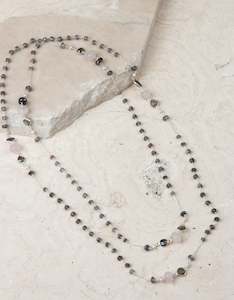 Aquamarine March: Labradorite, Rose Quartz and Pearl Silver Necklace