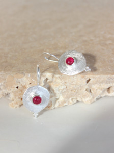 July Ruby: Ruby Brushed Silver Disc Earrings