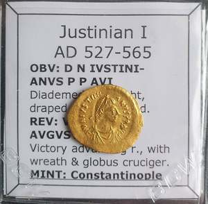 Gold Coins Throughout History: #o953# Byzantine gold coin of Justinian I from 527-565 AD