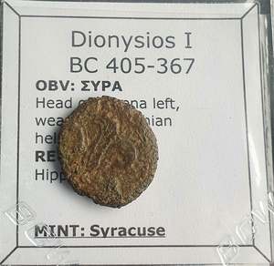 The Coinage Of Syracuse: #M608# Sicilian Greek coin of Dionysios I from Syracuse, 405-367 BC.
