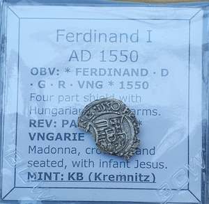#p510# Hungarian silver denar coin of Ferdinand I from 1550 AD