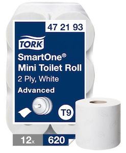 Toilet Paper Paper: TORK T9 SMART ONE TOILET ROLL | 2PLY 620 SHEET X 12 CARTON