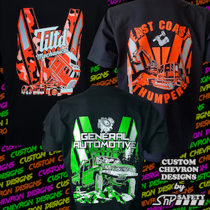 Safety Wear: Custom Chevron Design Package (coloured ink on black garments)  --  Enquire for a quote.