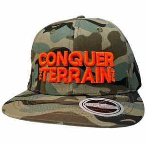 Auto Merch: Conquer The Terrain 4x4 3D Fluoro Orange Embroidery - UFlex Flat Peak Cap - Camo