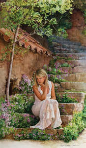 Susan Harrison Tustain: Susan Harrison Tustain.Time for reflection.Sitting on the stone steps in a french Village.Fine Art Giclee Reproductions