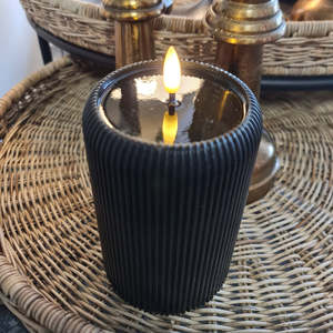 Small LED Ribbed Pillar Candle | Black or Cream