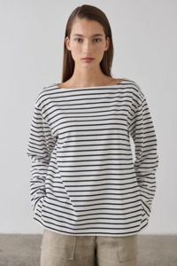 Tees Singlets: Laing Striped Long Sleeve T-Shirt - Ecru